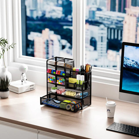 Mesh Pen Holder Desk Organizer With Drawer Ultra Versatile Pencil Organizer And Office Supplies Caddy on desk setup