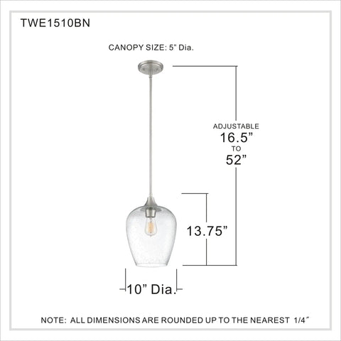 One Light Brushed Nickel Mini Pendant With Clear Seeded Glass Shade dimensions and adjustable hanging height