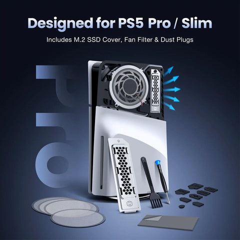 Cooling And Dust Protection Upgrade Kit For PS5 Pro And PS5 Slim With M2 SSD Heatsink Cover Four Fan Dust Filters Port Plugs Brush And Small Tools
