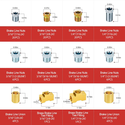 Get Your Ride Rocking With This Ultimate 104Pcs Brake Line Fittings Kit Featuring High Temp Brass Nuts Unions And Tees For 3/16 Inch 1/4 Inch Lines That Last A Lifetime Without Rust Or Leaks. brake line nuts, unions, and tees set with sizes
