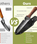 Hori Hori Garden Knife With 7 Inch Stainless Steel Blade And Full Tang Walnut Handle All Purpose Outdoor Garden Tool For Digging Weeding Cutting And Pruning Includes Hanging Hole Great Gift For Gardeners, with sheath and measurement scale