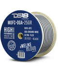 Spool of DS18 Hydro MOFC-OGA-25GR marine-grade 100% OFC wire, 25 feet, black, on a blue-labeled reel with specifications.