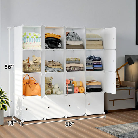 Massive 16 Cube Storage Organizer With Doors In White for Closet Living Room or Office, shown with clothes and toys in cubes
