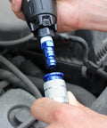 Five Piece T Style Air Coupler And Plug Kit In Blue One Quarter Inch NPT Pro Grade Durable Anodized Steel in use