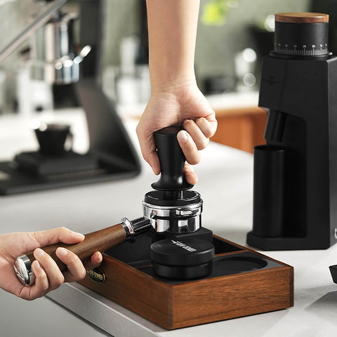 Using a Dual Spring 58mm Espresso Tamper With Auto Rebound And Auto Leveling, 58.35mm Coffee Press Tool For 58mm Machines on portafilter