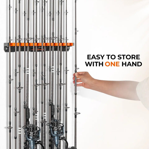 Heavy Duty Vertical Fishing Rod Holder Wall Mounted Rack Hooks Up 15 Large Rods Or Rod And Reel Combos In Just 18 Inches Of Wall Space Holds Up To 33 Lbs Easy 3 Screw Install Perfect For Freshwater Or Saltwater Gear