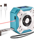 Hella Reliable Zero Hassle Two In One Laser Tape Measure With 131 Foot Laser Distance Meter showing laser beam and retractable tape.
