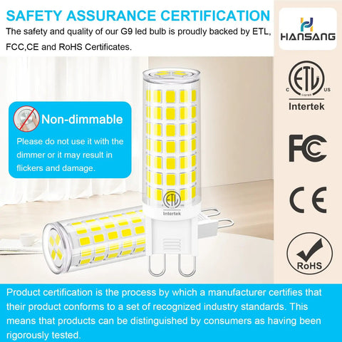 G9 LED Bulbs 6W Daylight White 6000K, 88 LED Chips, 600LM, 360 Degree Beam with non-dimmable certification labels.