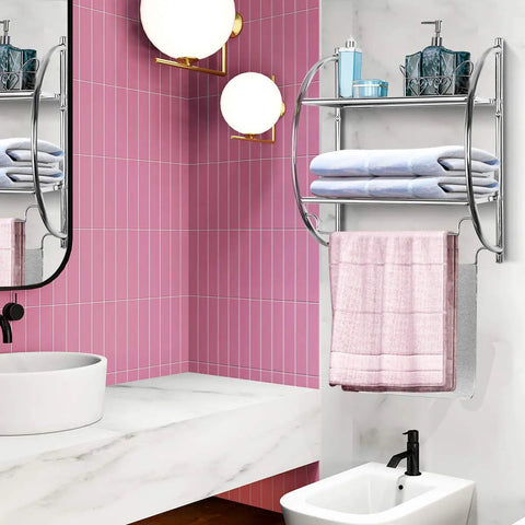 Wall Mount Two Tier Bathroom Shelf With Towel Bars Chrome Rustproof Finish 18 Inch Wide 22 Inch High in modern bathroom