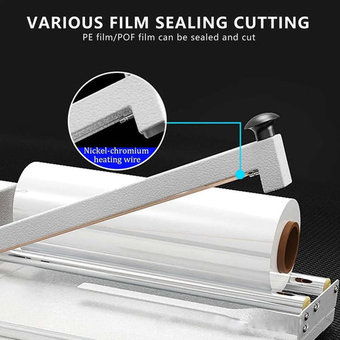Pro Grade Manual Heat Seal And Cut Machine For Shrink Wrap With Industrial Iron Body High Power Seamer Quick Fusing Trimming Tool For Fast Packaging Operations showing nickel-chromium heating wire and film roll.