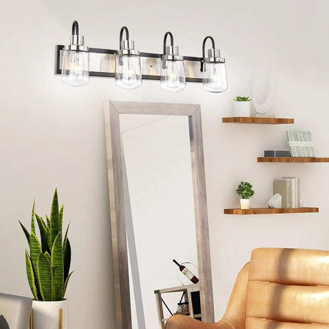 Modern Black And Satin Nickel Vanity Light With Clear Glass Shades, 4-Bulb Indoor Wall Lamp for Farmhouse Bathrooms above mirror