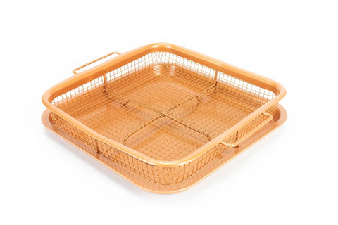 Must Have Air Fry Crisping Basket And Tray Set For Even Cooking Nonstick Copper Finish 9 Inch By 10 Inch 2 Piece Kit With Grease Catcher