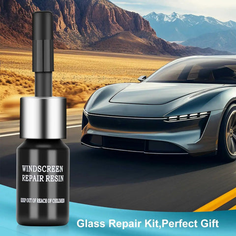 Windshield Repair Kit For Cars, 4 Piece Auto Glass Repair Set With Nano Glass Repair Fluid next to car on road