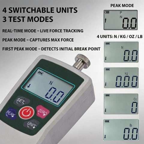 Pro Grade All In One 500N Digital Force Gauge And Manual Test Stand Kit With Push Pull Load Gauge Four Unit Readouts N Lb Kg Oz 250mm Stroke Test Clamp For Tension Tests In Lab School Industry, digital display with 4 switchable units