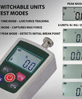 All In One 500N Digital Force Gauge And Manual Test Stand Kit With N Lb Kg Oz Units Nine Point Eight Inch Stroke Dual Clamp Test Stand For Tension And Compression Great For Lab School And Industrial Testing, display modes
