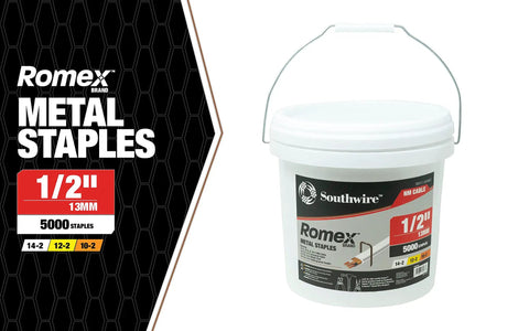 Half Inch Romex Metal Staples 5000 Count Bucket For Securing NM And UF Cable To Wood Studs With Recessed Heads And Sharp Tips Ideal For Attics Basements And Stud Framing Projects That Need Quick Secure Cable Fastening