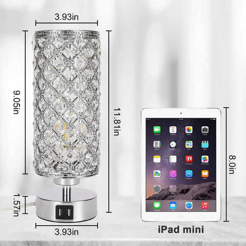 Lit Crystal Table Lamp Set With Dual USB Ports, Touch Control, 3 Way Dimmable Nightstand Lamps with iPad mini for size comparison