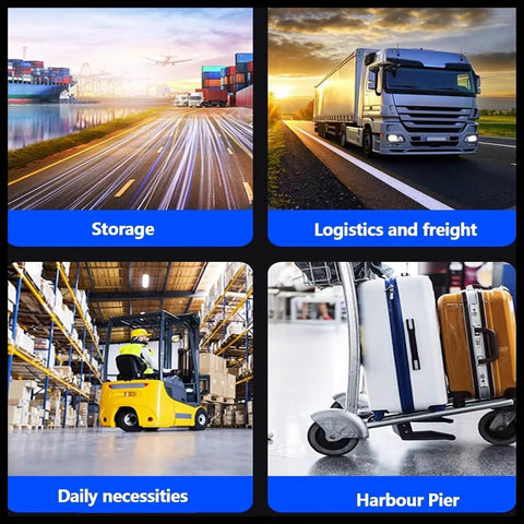 Grid image with transportation and storage themes, featuring logistics, freight truck, forklift in warehouse, luggage on dolly.