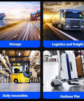 Collage with logistics and freight truck, storage container yard, forklift in warehouse, and luggage trolley at harbour pier.