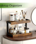 Two Tier Countertop Spice Rack Organizer In Rustic Brown Wood Finish holding cosmetics on a vanity