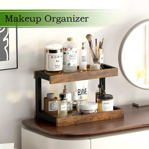 Two Tier Countertop Spice Rack Organizer In Rustic Brown Wood Finish holding cosmetics on a vanity