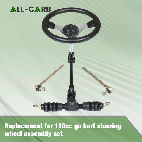 Drop In Ready 300MM Go Kart Steering Wheel Assembly Kit With 320MM Gear Rack Pinion And Adjustable Tie Rod Shaft For 110CC Dirt Track Racer Heavy Duty Steel Parts Set, with black steering wheel and gear components.