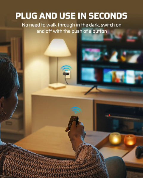Person using Indoor Remote Outlet Switch Set With Two Independent Outlets, Dual Control, 15A 1875W, 100 Foot Wireless.