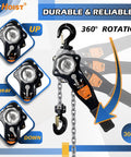 1 Ton Chain Hoist With 10 Foot Lift Manual Lever Chain Hoist G80 Chain, featuring 360-degree rotation and heavy duty hooks