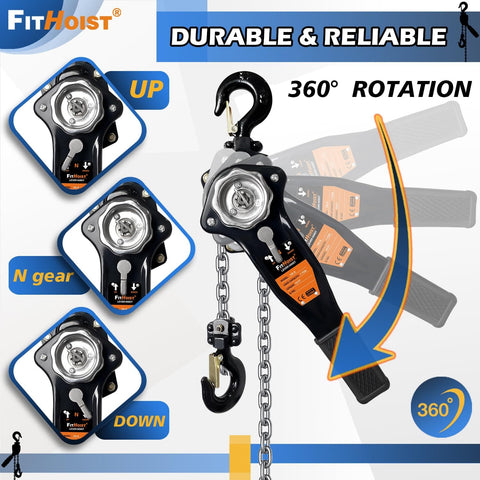 1 Ton Chain Hoist With 10 Foot Lift Manual Lever Chain Hoist G80 Chain, featuring 360-degree rotation and heavy duty hooks