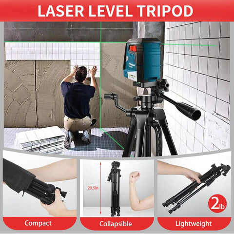 Adjustable Laser Level Tripod For Line And Point Lasers With One Quarter Twenty Mount, Extends 20.5 To 55 Inches, Collapsible Legs And Non Slip Feet, Stable Swivel Base, Carrying Pouch, For Precise Measurements On Any Job Site. Black aluminum laser level tripod with 1/4-20 mount, 20.5 in folded