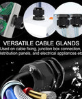 PG16 Cable Glands Set image showing installation on electrical boxes, waterproof nylon joints and cords in use