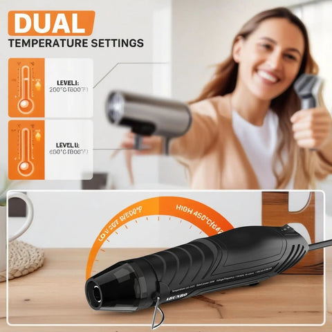 Dual Temp Heat Gun For Crafting And DIY With 482F And 662F Settings in use, black compact design, woman holding tool