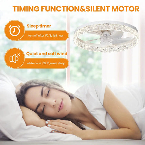 Woman sleeping under Dope 20 Inch Remote Flush Mount Bladeless Ceiling Fan With Dimmable Lights For Living Room, Reversible Motor.