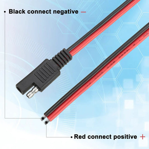 16 Pack SAE 2 Pin Quick Connectors Extension Cables 14 AWG 1 Ft Wire Harness For 12V Motorcycle Car Solar Panel Battery Charger And Automotive Use Red And Black Polarity Included, SAE plug close-up