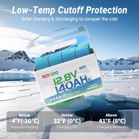 12V 140Ah LiFePO4 Battery Group31 For RVs Boats Marine And Off Grid Solar With Bluetooth App Monitoring in low-temp setting