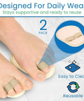 Toe Straightener Splint Pair For Hammer Toe Correction And Claw Toe Relief, shown in use with beige straps on feet.