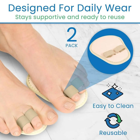 Toe Straightener Splint Pair For Hammer Toe Correction And Claw Toe Relief, shown in use with beige straps on feet.