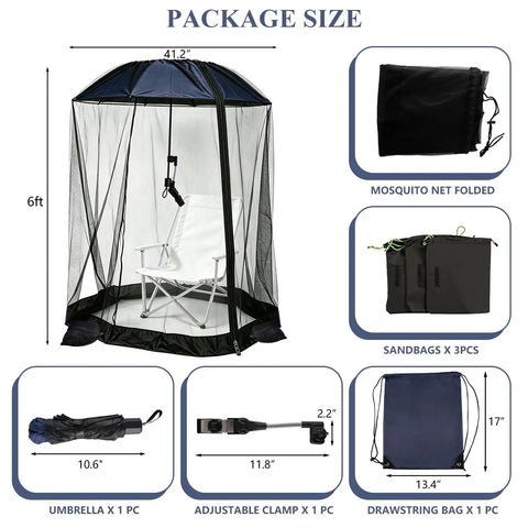 All In One Beach Umbrella With Mosquito Net For Chairs, Strollers, And Camping, Includes Universal Clamp, Drawstring Bag, Sandbags
