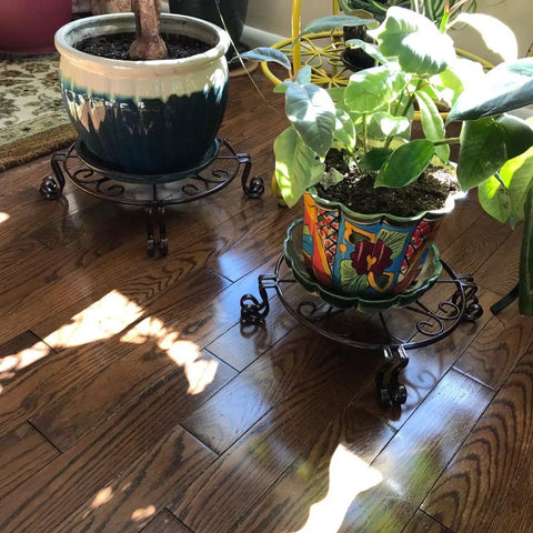 Heavy Duty Iron Plant Stand For Indoor And Outdoor Use Rustproof Metal Round Pot Holder Bronze Finish Plant Rack For Planters Three Diameter Sizes 9.4 10.2 And 11.8 Inches Your Go To Flower Pot Stand in use
