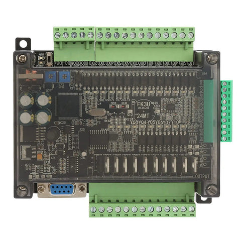 DC24V PLC Controller with 32-bit MCU, 100kHz pulse, 14 digital inputs, 10 transistor outputs, DIN rail mount, programmable logic