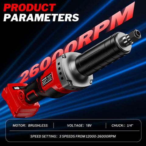 Cordless 1100W Brushless Braking Die Grinder With Three Level Variable Speed Up To 26000 RPM And One Quarter Inch Precision Chuck
