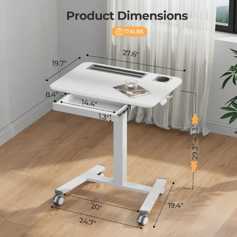 Mobile Standing Desk On Wheels With Drawer, 28 Inch Rolling Laptop Cart With Cup Holder And Hooks, Height Adjustable Workstation