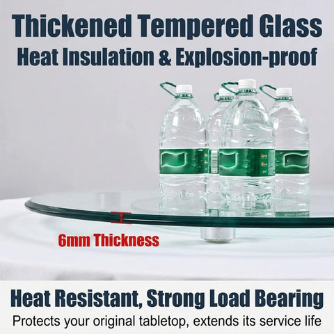 Workhorse Tempered Glass Lazy Susan Turntable with 6mm thick glass, demonstrating load bearing with water bottles.