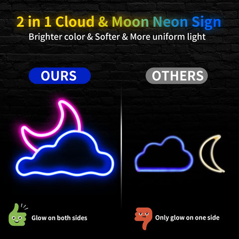 Comparison of 2 in 1 Cloud & Moon neon signs, highlighting brighter color and glow on both sides for "OURS".