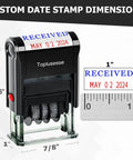 Self Inking Received Date Stamp With Blue And Red Ink For Business Files featuring 12 year roll over dial, showing dimensions.
