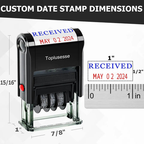 Self Inking Received Date Stamp With Blue And Red Ink For Business Files featuring 12 year roll over dial, showing dimensions.