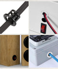 60 Pack Nylon Wire Grommets for Cables and Hoses, easy install shown securing cables in various devices and surfaces, black