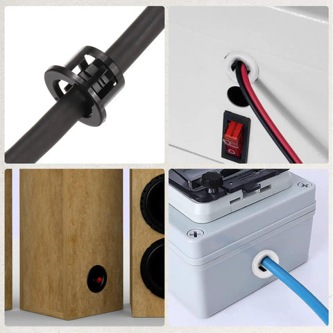 60 Pack Nylon Wire Grommets for Cables and Hoses, easy install shown securing cables in various devices and surfaces, black