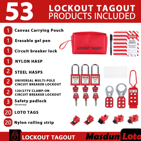 Lockout Tagout Kit For Electrical Safety With Group Lockout Hasps And Circuit Breaker Lockouts Safety Padlocks With Numbers Lockout Tags Nylon Ties And A Pocket Bag Red Kit