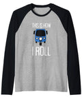 Rad Tuk Tuk Rickshaw And Italian Scooter Raglan Baseball Tee Graphic Shirt For Men And Women, gray with blue sleeves and graphic.